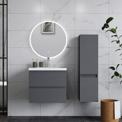 HAPAOSO Ensemble de Meubles de Salle de Bain 60cm avec Colonne et Miroir Blanc dimmable, Coffre 2 tiroirs, Meuble de Rangement Couleur Anthracite