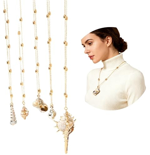 Muschelkette Damen Schmuck Set – Natürliche Muschelanhänger – Boho Stil – 5 Stück – Verstellbare Länge – Sommer Strand Look