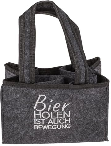 mucHome Filz Einkaufstasche mit lustigem Bier-Spruch mit 6 Fächern für Bierflaschen, Grau, Shopper mit Tragegriffen (Bier Holen ist auch Bewegung)