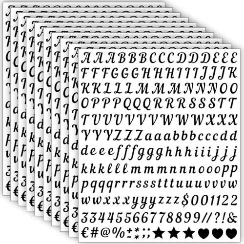 10 Blätter Buchstaben Aufkleber Kleine, 1990 Stücke 13 mm Selbstklebende Buchstaben Zahlen Sticker, Klebebuchstaben Wetterfest Vinyl Alphabet für DIY Scrapbooking, Grußkartendekoration (Schwarz)