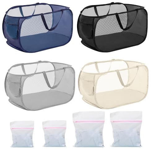4Pcs Mesh Falten Wäschekörbe, 75L große Pop-up Wäsche Hamper Bins zusammenklappbar mit Griffen und 4 Waschtaschen, tragbarer Waschkorb Faltbarer Reinigungskorb