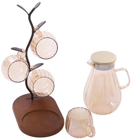 Glaskaraffe mit Deckel 1.5 Liter, mit 4 Tassen, 1 astförmigem Ständer, Dekoration für das Wohnzimmer, Glaskanne Hitzebeständig Pitcher für Eistee/Milch/Kaffee