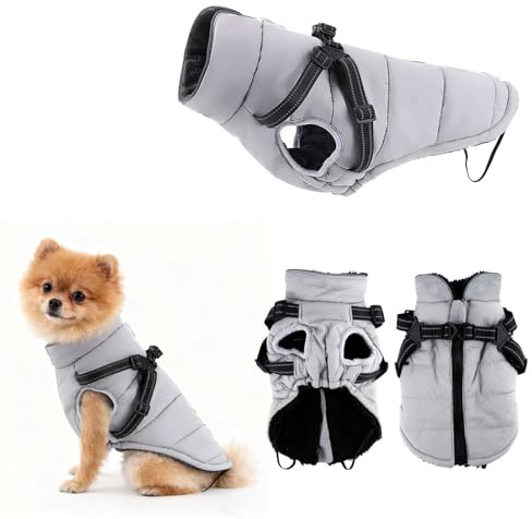Abrigo Invierno Perro Impermeable, ZoneYan Abrigo CáLido para Perro Pequeño, Abri-go Perr-o con Tiras Reflectantes & Arnés Ajustable, Prueba Chaqueta Perr-o Acogedor Cachorro (Gris, S)