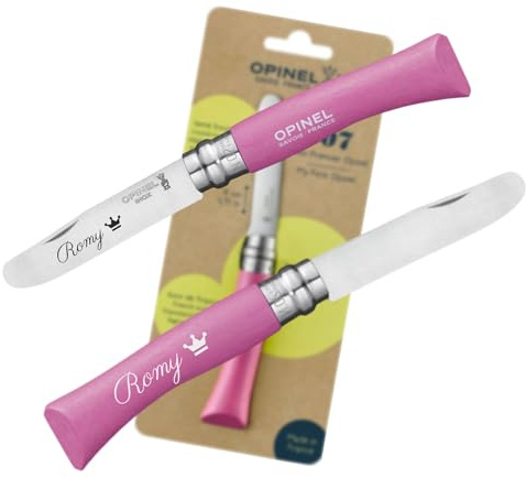 OPINEL Mein erstes Kindermesser mit persönlicher Gravur – sicheres Holzmesser für Kinder | vorne abgerundete Spitze | rostfrei | Virobloc | Geschenk (Pink)
