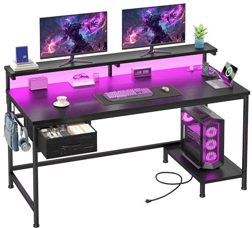 DurayLoly 39.3 Gaming Desk with Power Outlet and LED Lights,Bedroom,Black