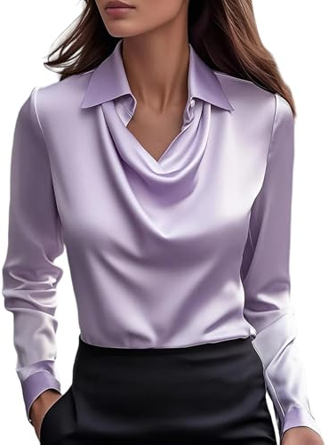 Blusa Mujer Elegante Fiesta de Satén Blusas Elegantes Raso Talla Grande Camiseta Color Sólido Versátiles Boda Camisa Manga Larga Casual Tops Cuello en V Moda Top Cómodo Seda Básico Oficina
