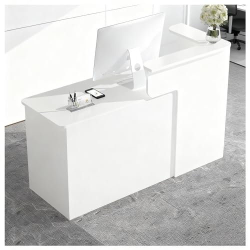 Scrivania curva per ricevimento con cassetti e armadietti con serratura, bancone alto portante, con accesso ai cavi preforati, design moderno bianco per ufficio o hall