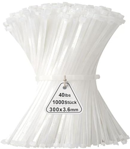 1000 Stück Kabelbinder Weiß, 300mm x 3,6mm Industrie Cable Ties, 12in / 20cm Mehrzweck UV-Beständig Langlebig Klein Nylon Selbstsicherndes Zip Tie mit 18kg für Gartenarbeit, Werkstatt und den Auße