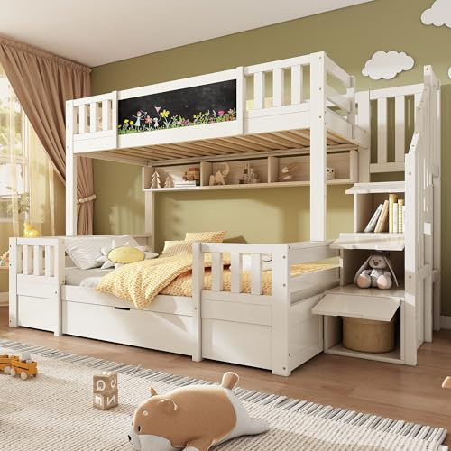 Bunk Beds for Kids, Staircase Bunk with Drawers and Chalkboard, Children's Sleeper Bed with Storage Space, Double Bunk Bed for Family with Multiple Children, (90+135) x 190 cm, Solid Wood, White