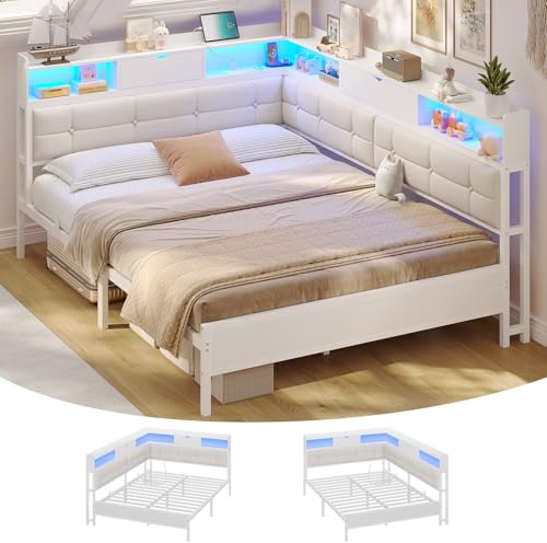 AOGLLATI Canapé-lit 140x190 avec Multiprise et Éclairage LED Réglable, Canapé-lit Convertible Capitonné avec 6 Compartiments et 24 cm d’Espace sous Lit (Beige, 140x190cm)