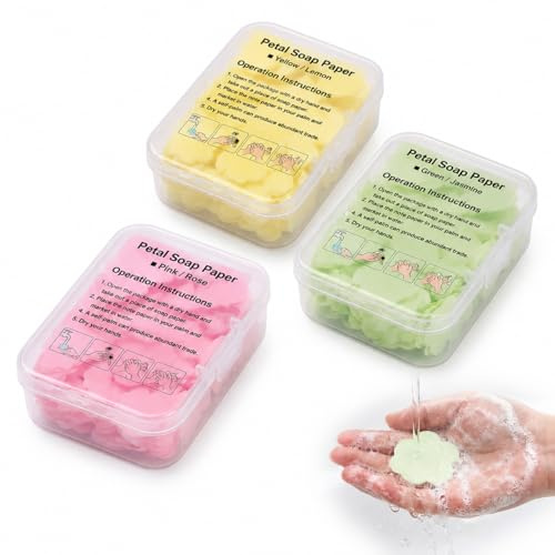 JOVIA Portable Petal Hand Soap Sheets 300PCS, Mini Disposable Scented Hand Soap Sheet with 3 Scents, Dissolving Soap Paper Set for Unisex Women Men Kids Camping Hiking Outdoor Travel Daily Use