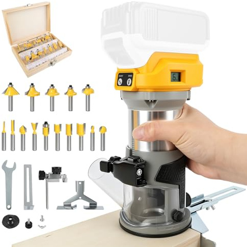 Cordless Wood Router for Dewalt 18/20V, 30000 RPM Brushless Hand Palm Router with Digital Display, 6 Speeds for Woodworking Slotting Trimming with 15pcs 1/4 Shank Router Bits