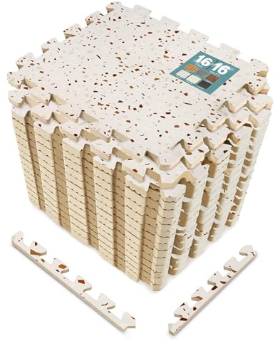 Sorbus Wood Grain Foam Floor Tiles (16 Tiles, 16 Sq Ft, Terrazzo) | Interlocking mats for basement flooring; each tile covers 1 square foot and is 3/8-inch thick for home, office or playroom.