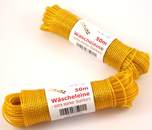 Wäscheleine 100m mit Stahleinlage -K&B Vertrieb- Stahlseil Stahlseilwäscheleine Wäsche Leine extra stark 704 (Gelb)