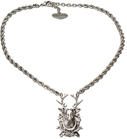 Trachtenkette mit Hirsch-Anhänger - Metall Kordelkette mit Hirsch & Geweih, Damen Dirndlkette für Trachtenblese und Lederhose, Dirndl-Schmuck fürs Oktoberfest, Trachtenschmuck (antik-silber-farben)
