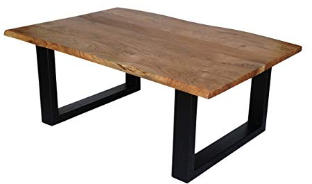 SAM Couchtisch 100 x 70 cm Insa, echte Baumkante, Akazienholz naturfarben, massiver Sofatisch, U-Metallgestell Mattschwarz, Baumkantentisch 26mm Platte