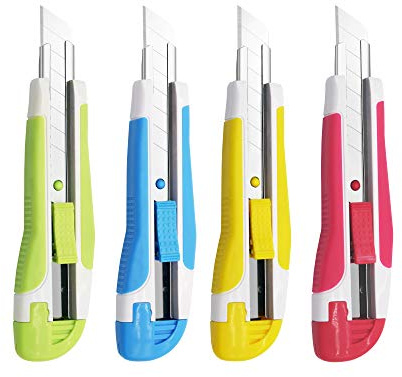 XW Snap-off Utility Knife,18mm Razor Blade Auto-lock Retractable Box Cutter of Assorted Colors, Total 12 Blades, 4-Pack
