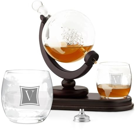 Maverton Whisky Karaffe mit Gravur - Globus mit Schiff, 850 ml - 2er Whiskygläser Set - Whisky Decanter - Geschenk zum Geburtstag für Frauen - personalisiert - Monogramm