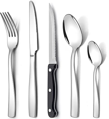 HaWare 30 Pieces Cutlery Set, 24 Pieces Stainless Steel Flatware Set with 6 Pieces Steak Knives, Service for 6 People, Elegant Silverware Include Forks Knives Spoons, Mirror Polished, Dishwasher Safe