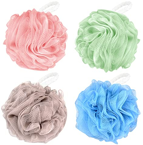 WUJUN Badeschwamm, Dusch-Luffa-Kugeln, duschschwamm, weich, langlebig, extra groß, Netz-Pouf, einfach, schäumend, Körperschrubber Peeling für große Vollschäumreinigung, einfarbig, 70g/4 Stück