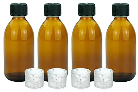 Devitre 4 braune Glasflaschen 250 ml mit Deckel 4 Messbecher und Beschriftungsetiketten