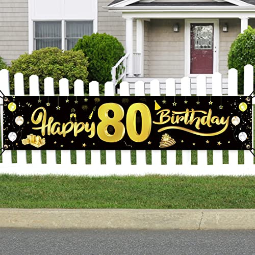 GoldRock 80. Geburtstag Deko Banner für Frau und Mann, Happy Birthday Geburtstagsbanner, Zeichen Poster Photo Booth Hintergrund, 210cm×40cm