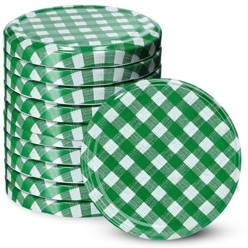KADAX Jar Lids Ø 82 mm, Secure Metal Lids with Six Threads, Jar Seals Replacement, Twist Off Closure for Pickling and Preserving (Green Grid, Set of 10)