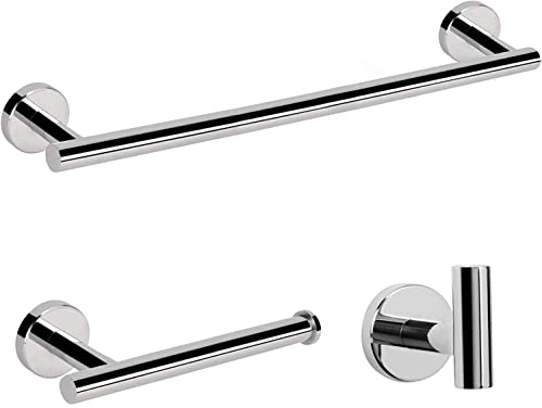 YUET Chrome Bathroom Accessories Accessory Bars Set Hand Towel Holders Ring Rails For Bathrooms SUS 304 Stainless Steel Hardware Wall Mounted Rack, 12 Bath Bar + Toilet Paper Holder + Robe Hook