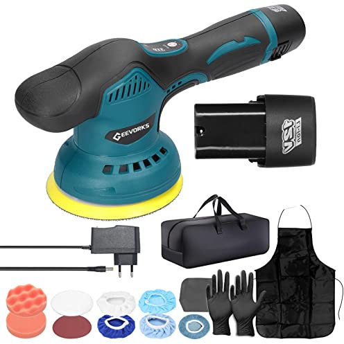 Geevorks Lucidatrice eccentrica, a batteria, 2800 – 5500 giri/min, 8 velocità variabili per lucidare e far crescere i mobili dell'auto, con 2 batterie da 2,0 Ah, 17 pezzi, 125 mm