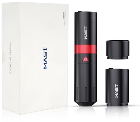 Mast Flip2 Wireless Tattoo Pen Machine Rotary Battery Machine Pen Mcore-A Powerful Motor Adjustable Strokes 2.4-4.2 mm, Two Replaceble Batteries with RCA connector for Tattoo & Eyebrow Eyeliner Lip
