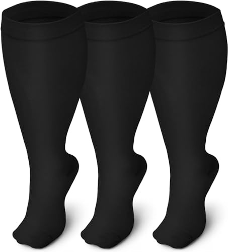 Gcbiger 3 par kompressionsstrumpor i plusstorlek (20-30 mmHg) för kvinnor och män, breda vadstrumpor extra stora knästrumpor, Svart, XX-Large