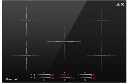 AMZCHEF Induktionskochfeld 5 Zonen Einbau Induktionskochplatte mit 9 Stufen und Booster, Pausenfunktion und Warm Halten, Timer, STOP+GO, Slider-Steuerung
