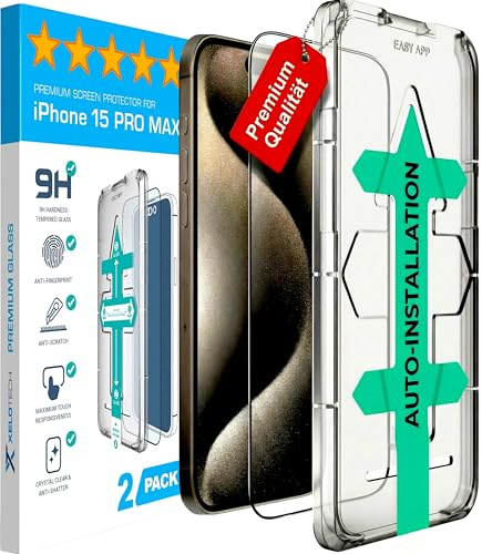 XeloTech für iPhone 15 Pro Max für Panzerglas [Full Screen] TOP Bruchsicherheit Folie, Schutzfolie 9H+ Schutzglas [Auto-Installation] Anti-Fingerabdruck, Blasenfrei, 2 Stück
