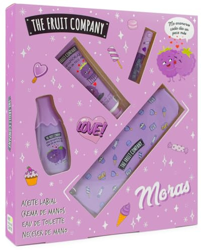 The Fruit Company Set Pack Regalo Moras, Aceite Labial, Crema de Manos, Colonia Eau de Toilette, Neceser de Mano. Edición Navidad.