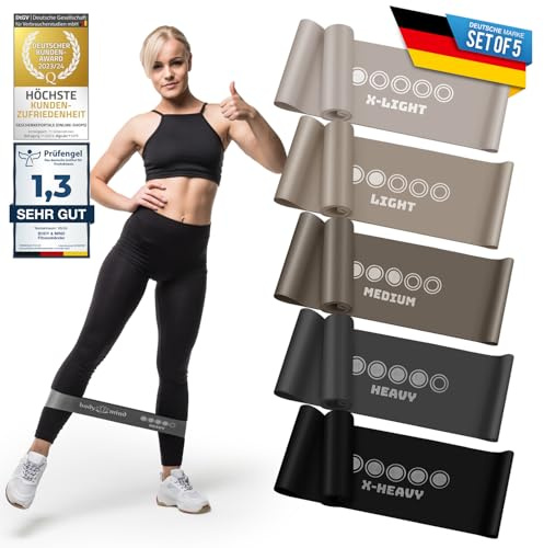 Body & Mind® fitnessband 5 st motståndsband i 5 nivåer, motståndsband träningsband gymnastikband set om 5 för muskeluppbyggnad, yoga, pilates & work-out; sportband 100% latex (Grå)