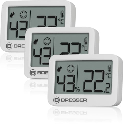 Bresser Tempy Thermo-Hygrometer, Set mit 3 Stück, für Klimakontrolle, Temperatur und Luftfeuchtigkeit, Gesichtsanzeige, magnetische Befestigung