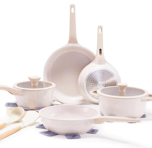 Vkoocy Set di pentole e padelle antiaderenti, set di pentole in ceramica sana, 12 pentole da cucina e padelle, senza PFA, con utensili da cucina e coperchio, colore: tortora