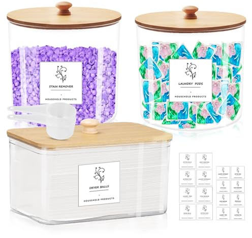 Domigard Laundry Storage Container Jar – 3 Pack with Wood Lids | Transparent plastic | For detergent & washing powder | High capacity | Includes 2 scoops & 16 labels | Home organisation