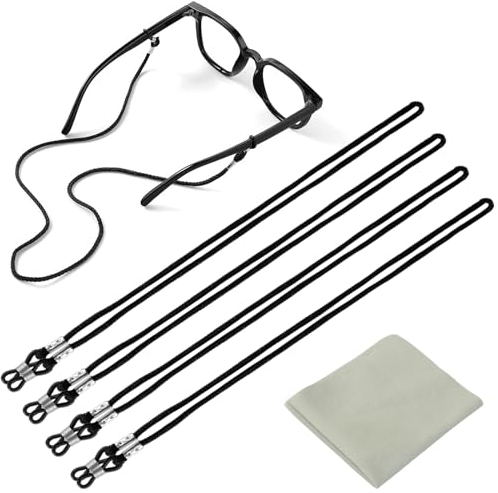Qufiiry 4 Pcs Glasses Chain, Unisex Glasses Straps, Black Spectacles Cord, with 1 Microfibre Cleaning Cloth for Running Camping Reading Outdoor