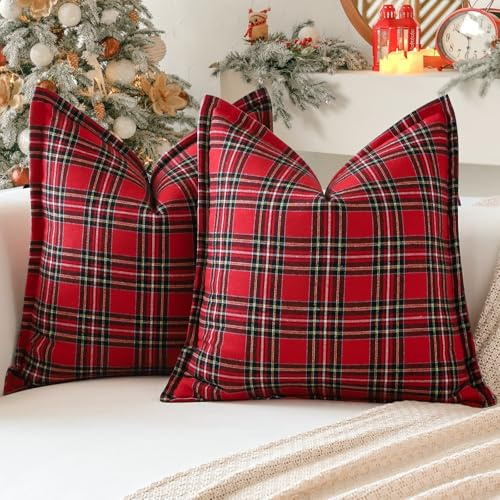 Sungeek jul skotsk tartan kuddfodral 50 x 50 set med 2 linne dekorativa rutiga fyrkantiga kuddöverdrag med sydd kant för soffa bäddsoffa vardagsrum 50 x 50 tum (röd)