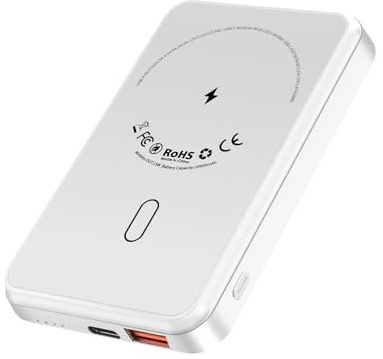 Batterie externe pour Mag-Safe, chargeur portable sans fil, 10 000 mAh PD 22,5 W, charge rapide USB C, entrée et sortie, petite batterie externe magnétique compatible avec iPhone 16/15/14/13/12 (blanc