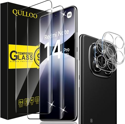 QULLOO Protector de Pantalla para Xiaomi Redmi Note 14 Pro 5G / Poco X7 5G, 2 Piezas Cristal Templado y 2 Piezas Protector de Lente de Cámara, Dureza 9H Ultra Resistente Vidrio Templado