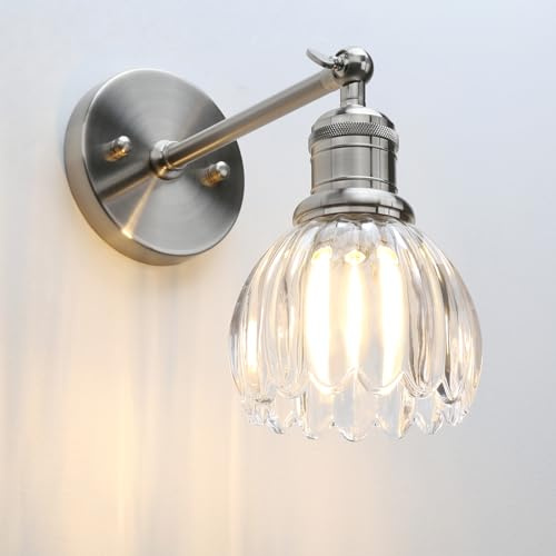Yosoan Industrial Wall Sconce Light with Tulip Glass Lampshade,Vintage Wall Lamp for Kitchen Bedside Bedroom Living Room Doorway (Brushed)