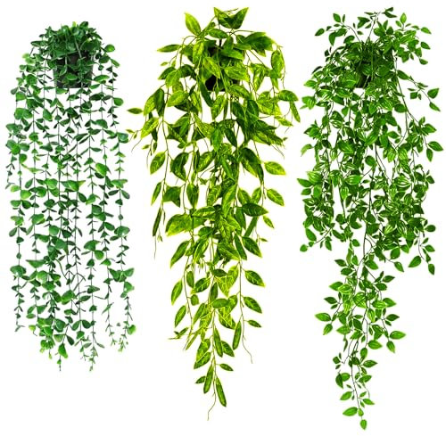 Qintora Plante Artificielle Tombante 3 Pièces Fausse Plantes avec Pots Suspendues 80/63/56cm Extérieure Intérieure Lierre Artificielle Fausse Plante pour Célébration, Jardin, Mariage, Cuisine