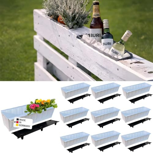 BURI 10 europaletter blomlådesatser inkl. bevattningsmatta | 37,3 cm vit | växtlåda för europeisk pallpall | balkonglåda | blomkruka | tillverkad av robust plast | tillverkad i Tyskland