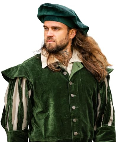 Leonardo Carbone® Herren Kopfbedeckung Samt-Barett Kurt | Integriertes Band | Raffungen Hinten | Karneval, Halloween, Cosplay, LARP, Mittelalter, Barett, Hut, Baumwolle | 100% Baumwolle Grün XL