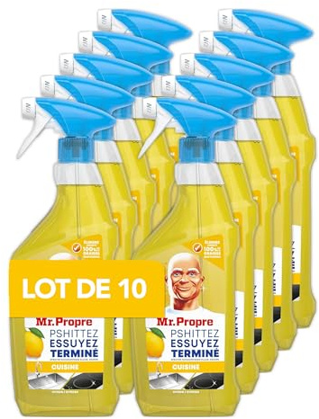 Mr. Propre Spray Dégraissant et Nettoyant Cuisine Multi-Usages, Grand Format (500ml x10), Parfum Citron, Élimine la Graisse Sans Résidus Dangereux, Sans Traces, Convient aux Surfaces Alimentaires