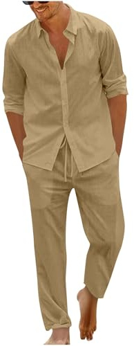 Generisch Zweiteiler Herren Leinenanzug Sommer Leinenhose Und Leinenshirt 2-Teiligs Freizeitanzug Kurzarm Leinenhemd und Hosen Set Outfits Casual Jogginganzug Trainingsanzug Sportanzug Einfarbig