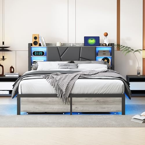 BRYXR Bett 140x200, Metall Doppelbett mit LED-Beleuchtung und USB-Ladefunktion, Schubladen und Integriertem Regal, Elegant und Praktisch, Ohne Matratze