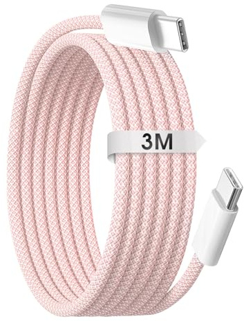 Unikeen Câble USB C pour 15 16, 3 Meter 60W Chargeur Rapide Type C vers C Câble de Charge Tressé USB C Cordon Pour 15/15 Plus/15 Pro Max/16/16 Pro Max/Pro Air Galaxy Google Pixel (Rose)